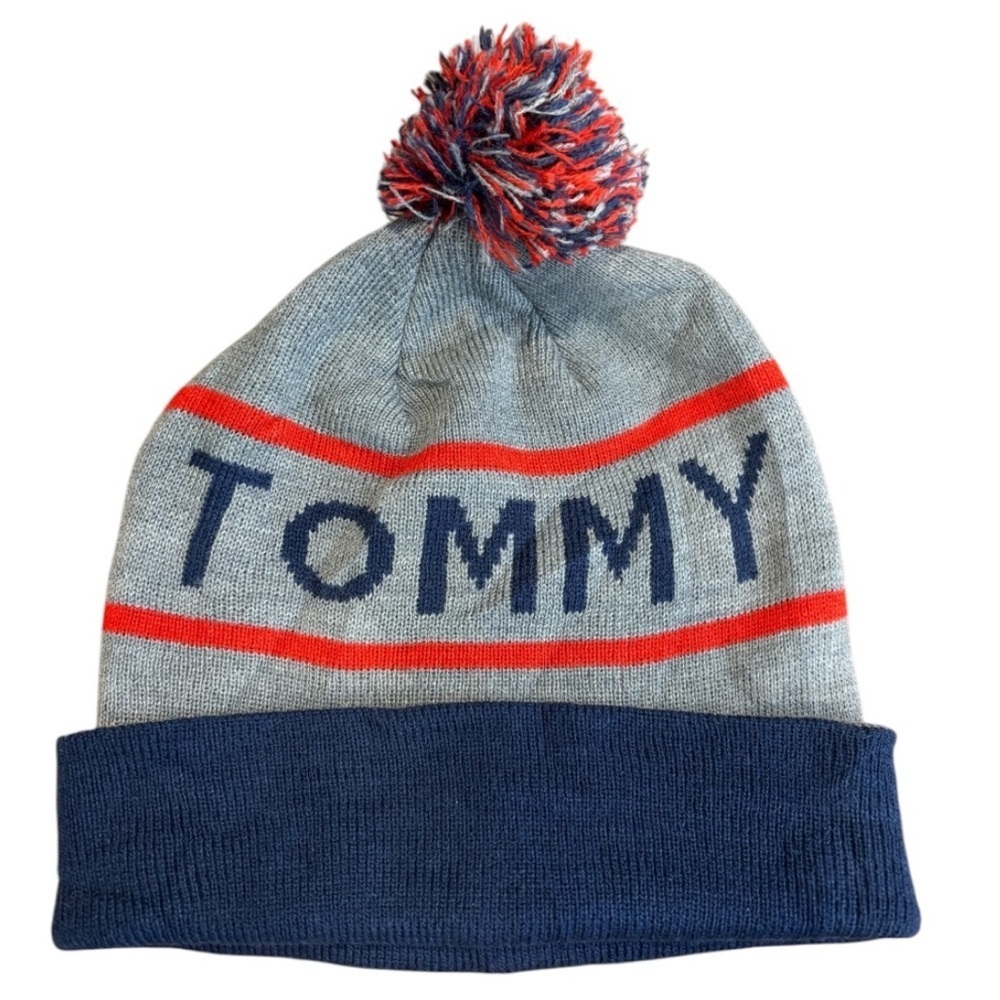 Tommy Hilfiger Men’s Gray, Red and Navy Blue Knit Winter Pom Beanie